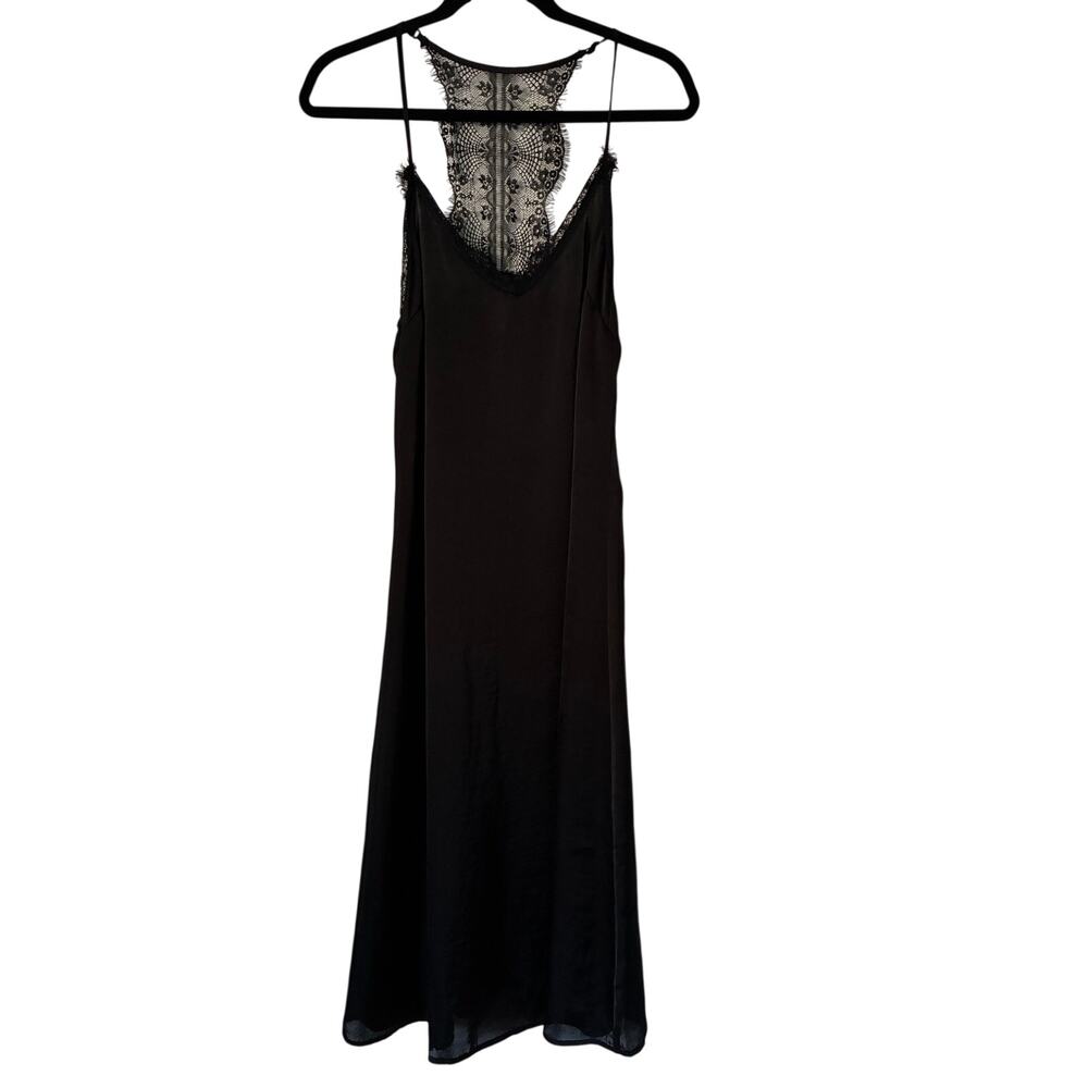 Band of Gypsies Long Maxi Length Black Silky Slip Dress Lace Back Size M